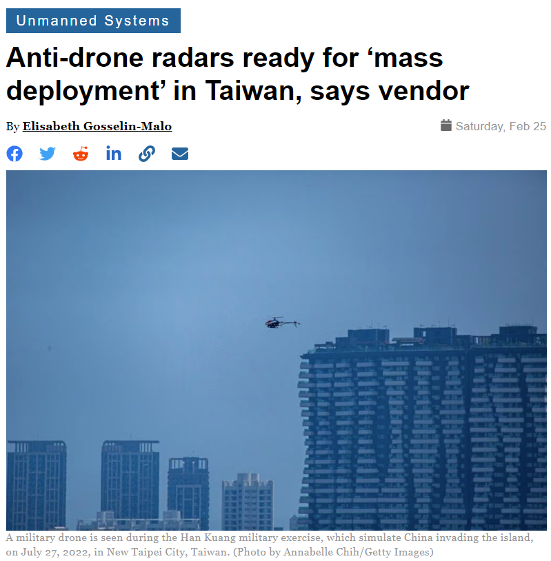 Anti-drone radars ready for ‘mass deployment’ in Taiwan, says vendor